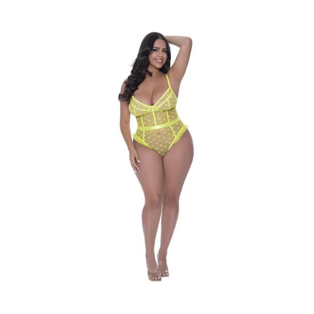 Magic Silk Love Star High Leg Teddy With Snap Crotch Neon Chartreuse Queen Size