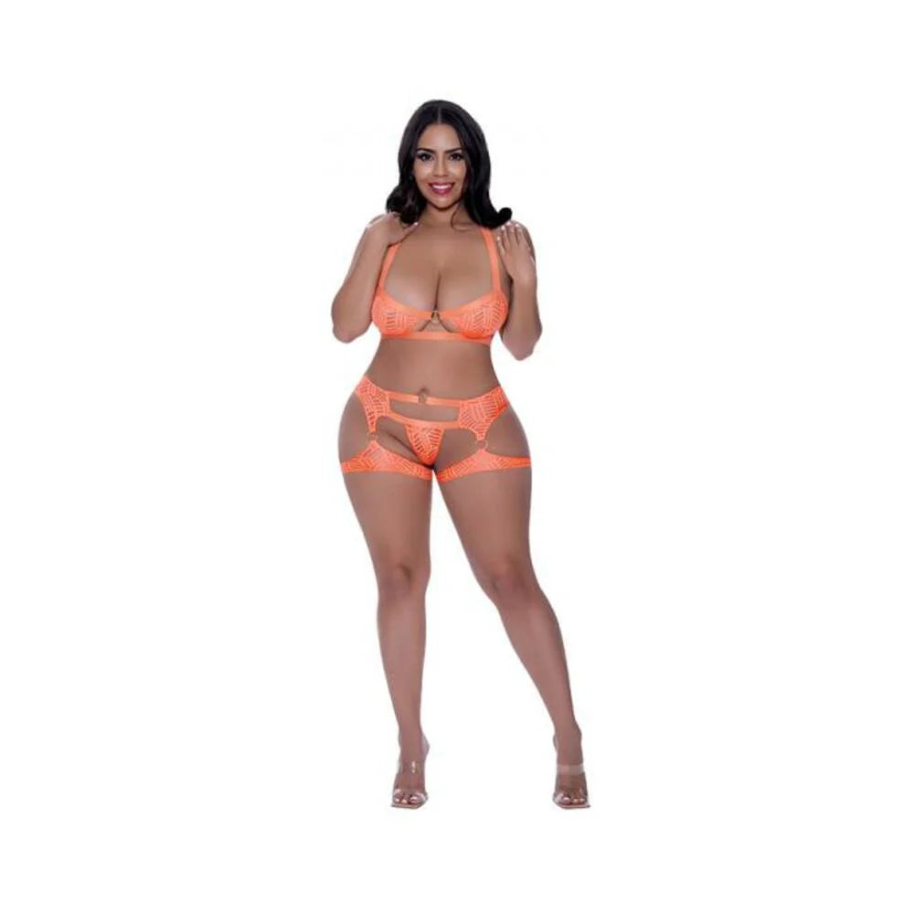 Magic Silk Rude Awakening Balconette Bra & Stirrup Thong Set Neon Orange Queen Size