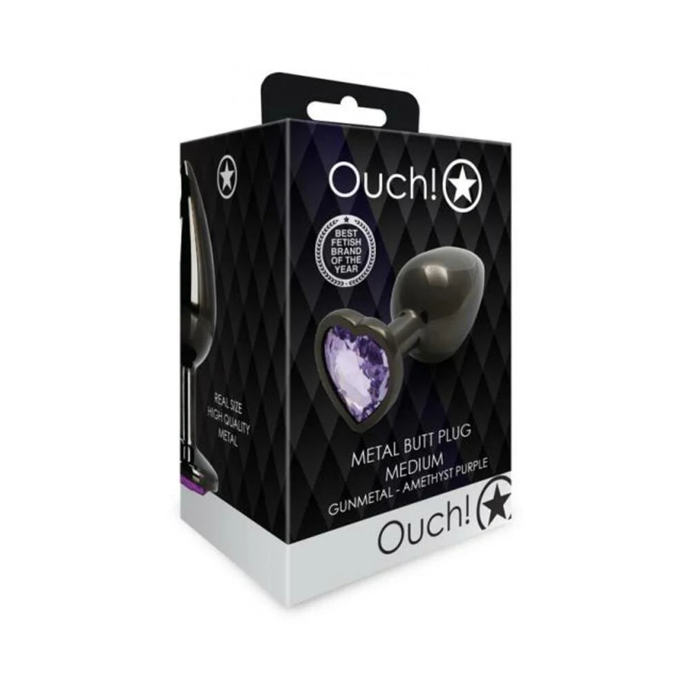 Shots Ouch! Heart Gem Butt Plug Medium Gunmetal/amethyst