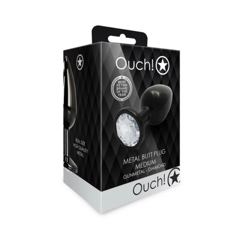 Shots Ouch! Round Gem Butt Plug Medium Gunmetal/diamond