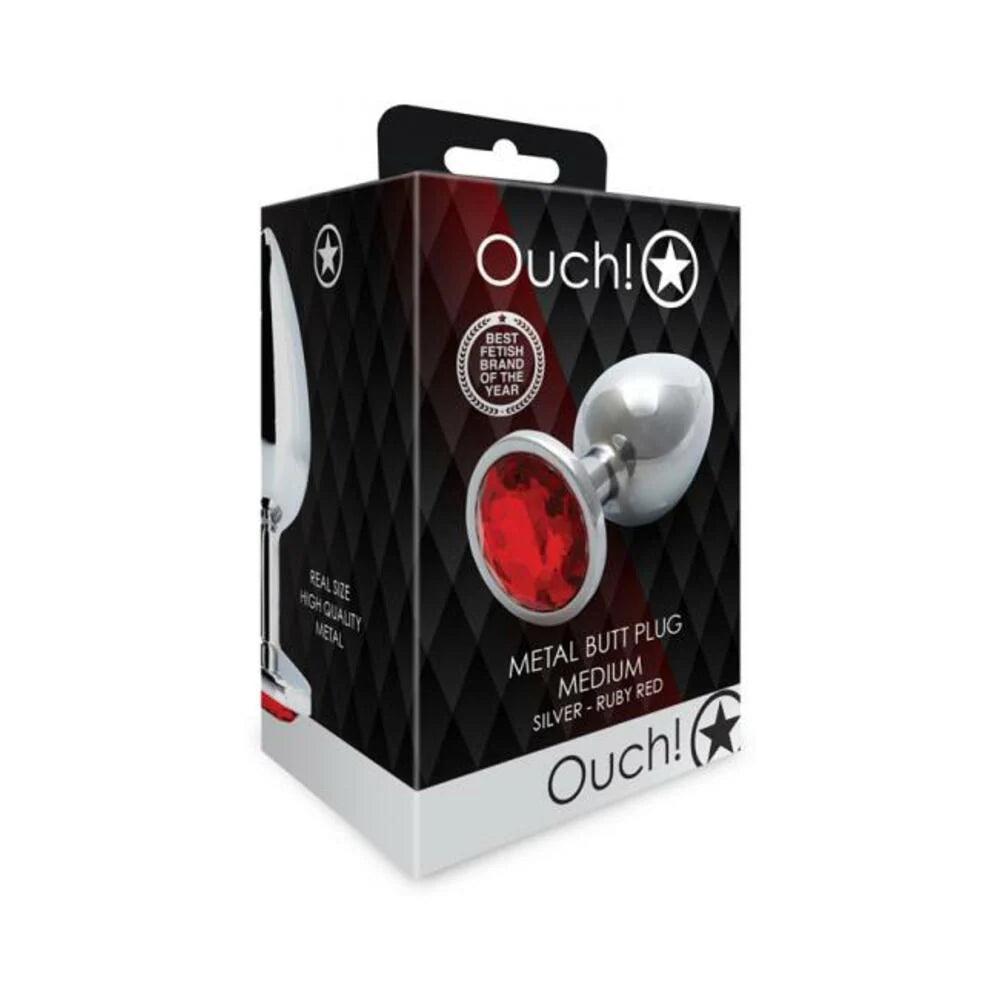 Shots Ouch! Round Gem Butt Plug Medium Silver/ruby Red