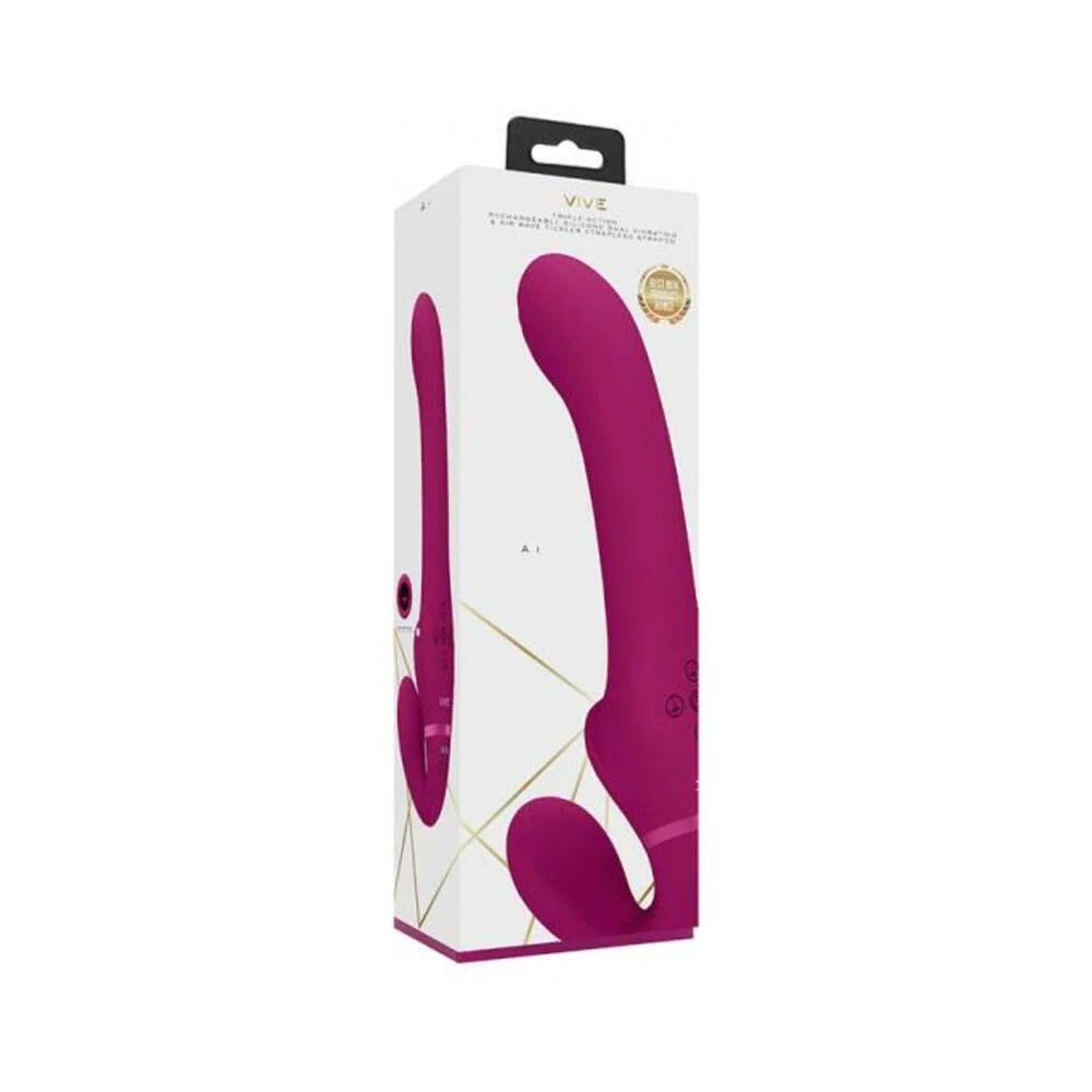 Vive Ai Rechargeable Dual Vibrating & Air Wave Tickler Silicone Strapless Strapon Pink