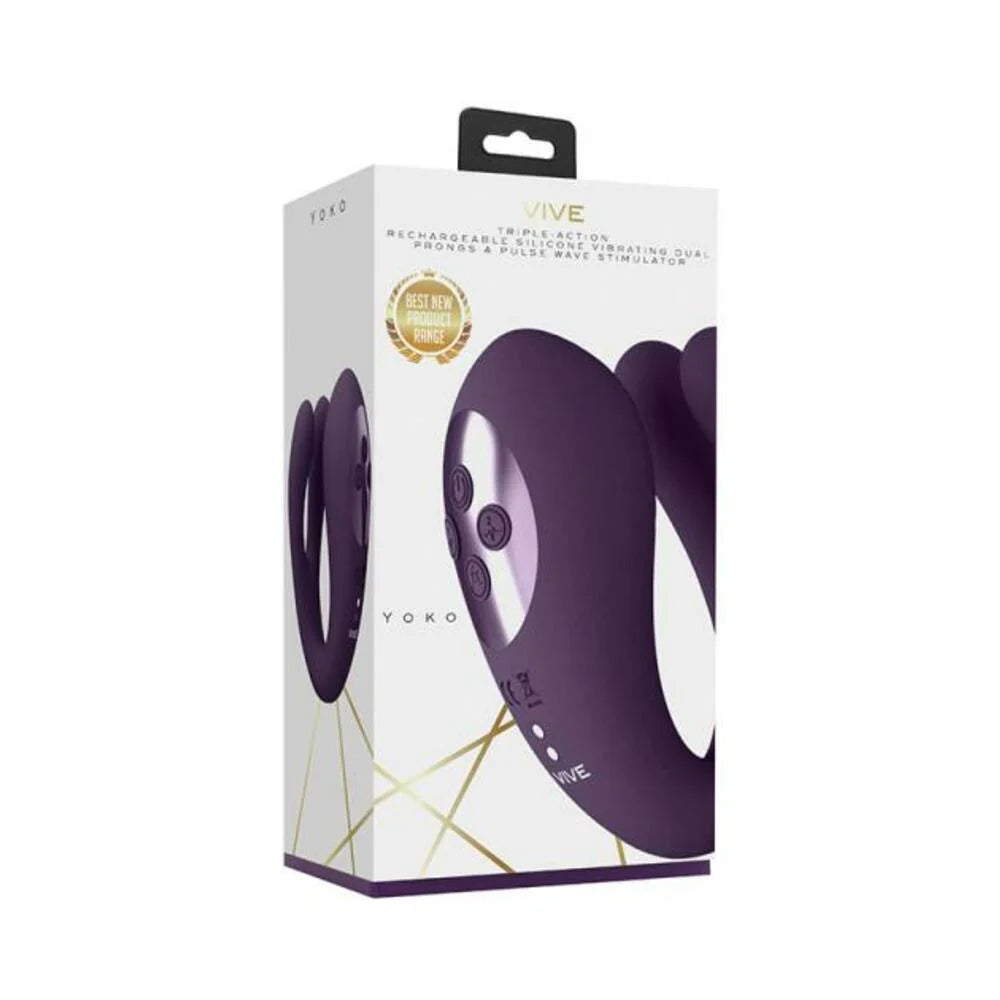 Vive Yoko Rechargeable Triple Action Silicone Vibrator Dual Prongs With Clitoral Pulse Wave Purple