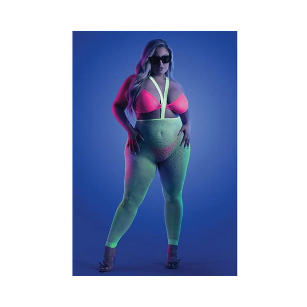 Fantasy Lingerie Glow Come Alive 3-piece Bralette, G-string & Suspender Stockings Set Neon Green Que
