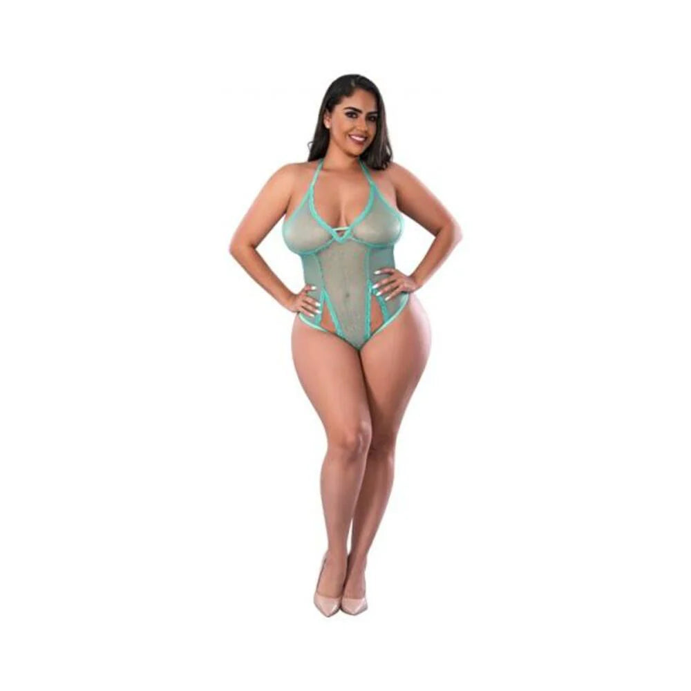 Magic Silk Soft Petals Cut Out Teddy With Snap Crotch Aqua Queen Size
