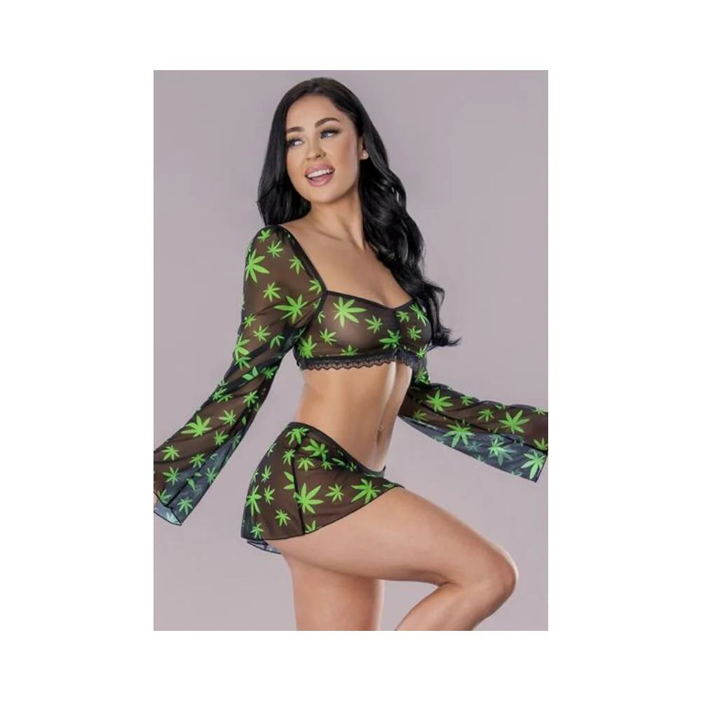 Hazy Dayz Crop Top Skirt & G String Pot Leaf L/xl