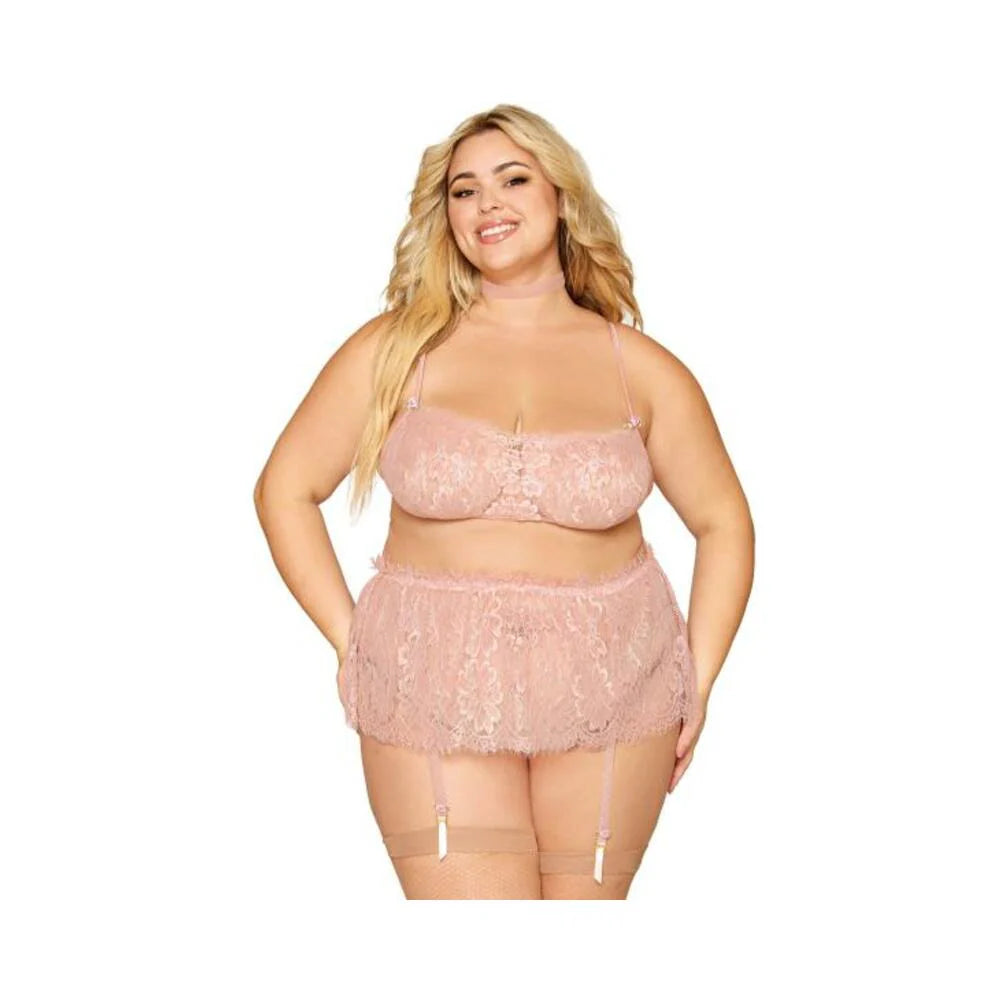 Eyelash Lace Bralette Garter Skirt Set Rose Quartz Q/s