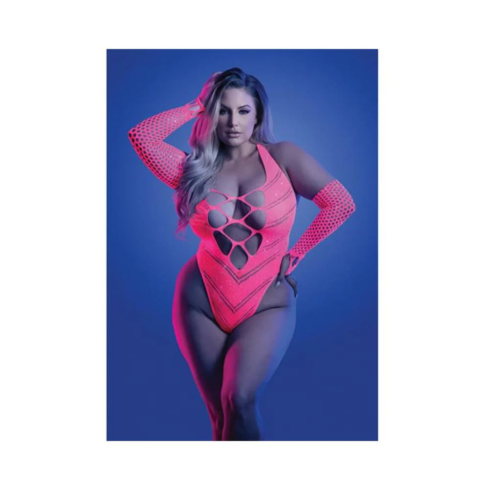 Glow Flashback Black Light Reactive Rhinestone Teddy W/gloves (or Leg Warmers) - Neon Pink Qn