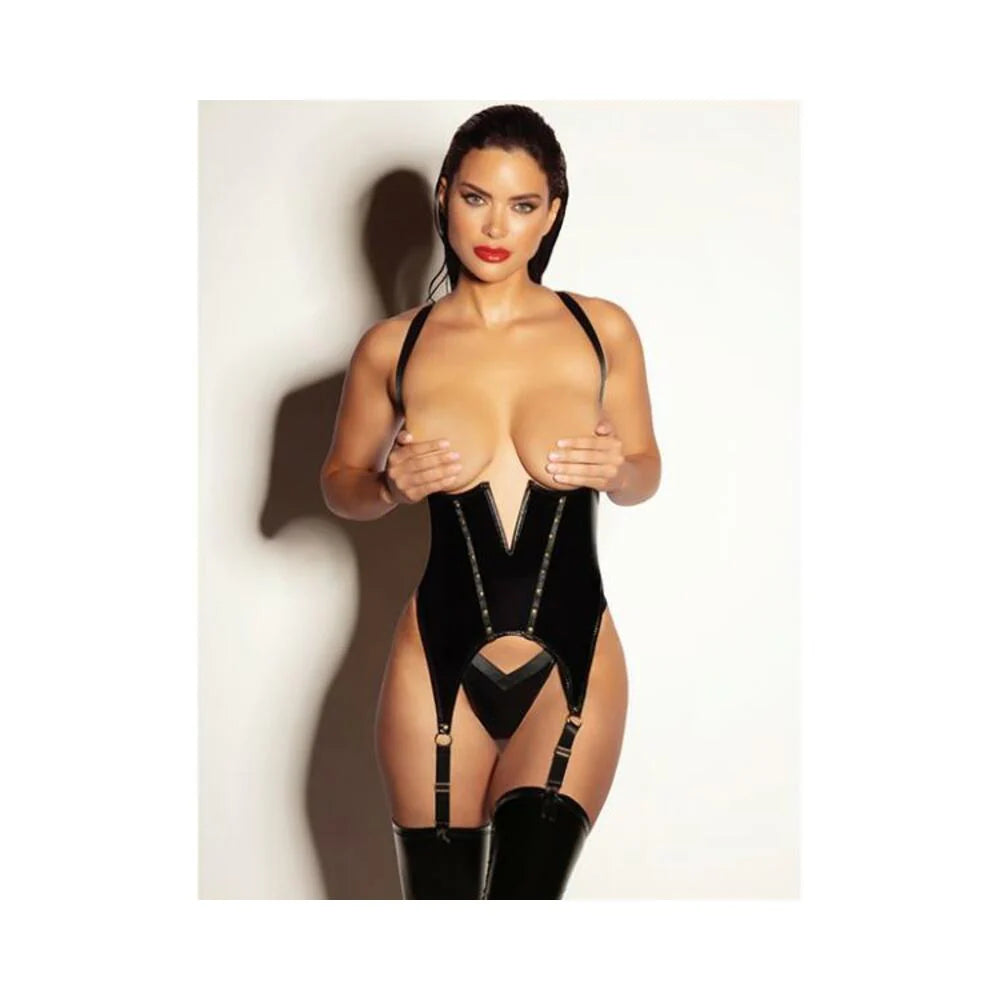 Fetish Open Cup Vinyl V-wire Merrywidow W/g-string - Black L/xl