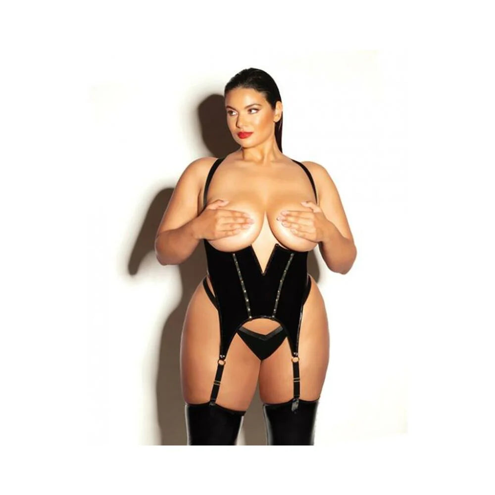 Fetish Open Cup Vinyl V-wire Merrywidow W/g-string - Black 1x/2x