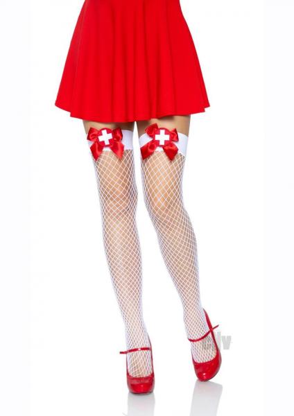Industrial Net Thigh Highs W/ Bow And Nurse Badge O/s White/red