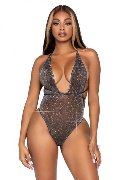 Shimmer Sheer Lunex Rhinestone Teddy, Thong Wrap Around Straps Black Os