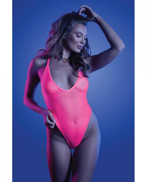 Fantasy Lingerie Glow Electric Haze Criss Cross Back Teddy With Snap Closure Neon Pink S/m