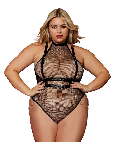 Fishnet Teddy & Faux-leather Harness Set Black Q/s