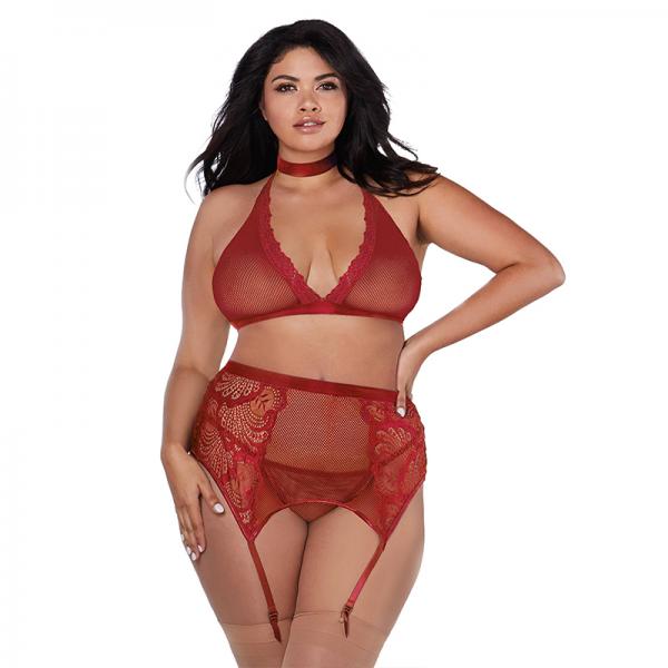 Fishnet & Lace Bralette, Garterbelt, G-string & Choker Garnet