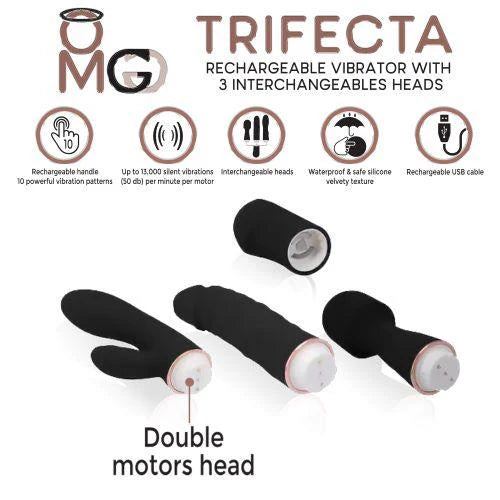 Trifecta Vibrator with 3 Interchangeable Heads Black
