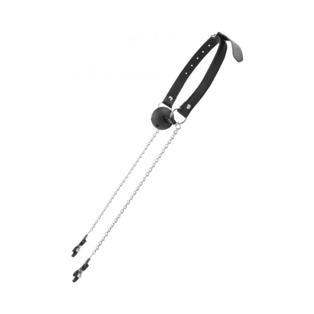 Ouch! Black & White Breathable Ball Gag With Nipple Clamps Black