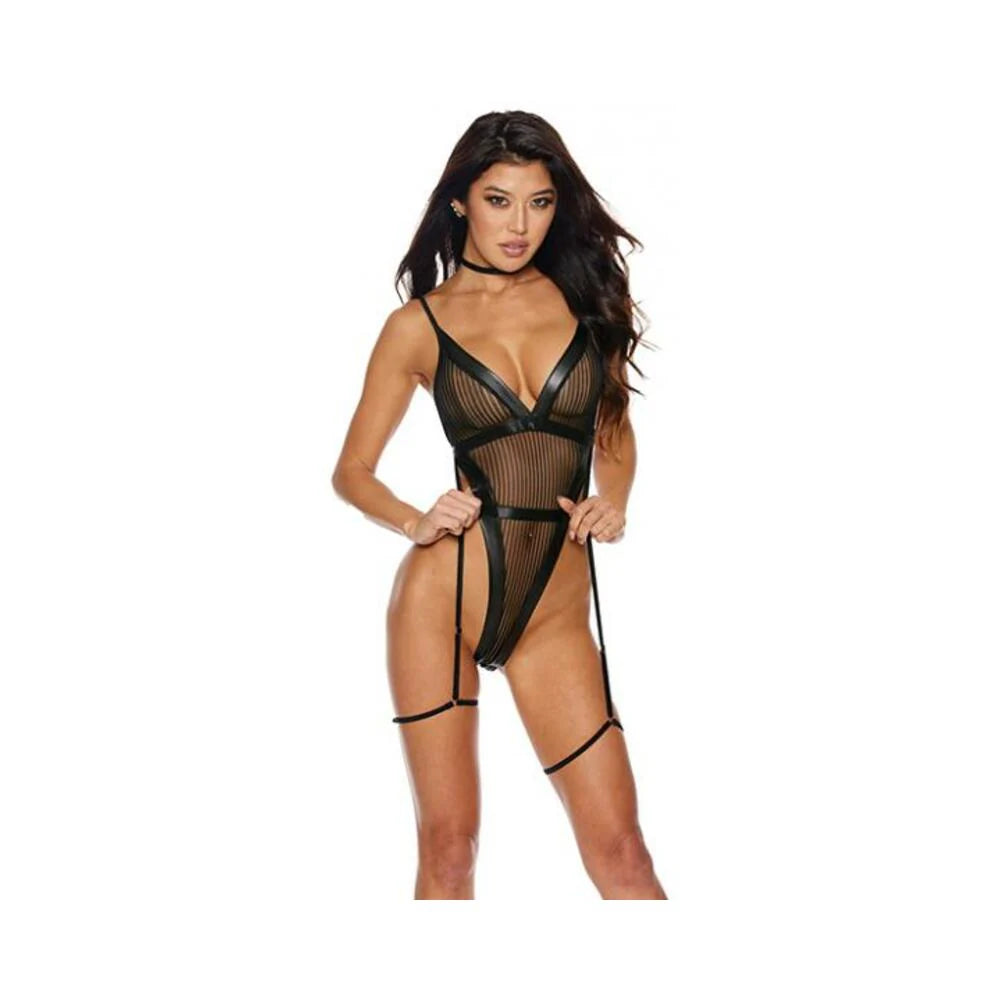 Mesh & Stretch Faux Leather Teddy W/garters - Black Xxl