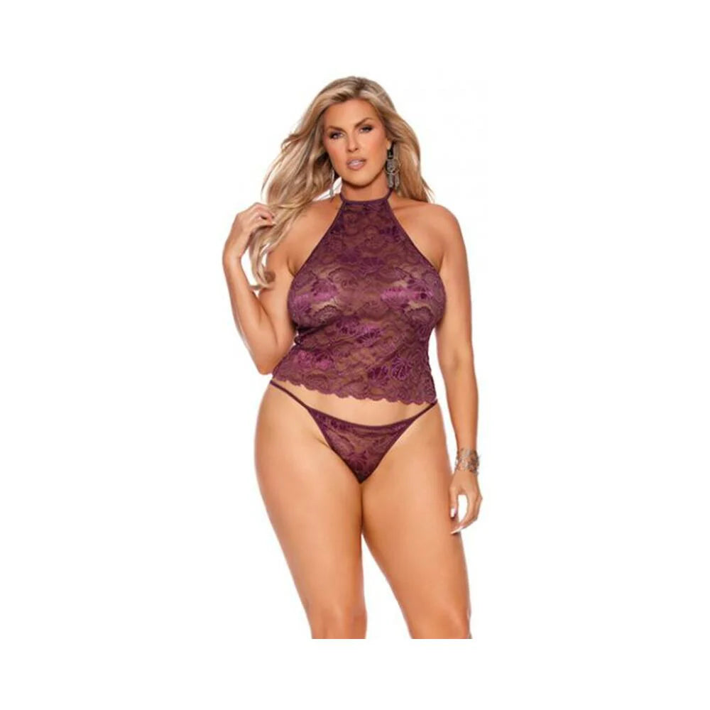 Nadia Lace Halter Cami W/panty - Burgundy 1x