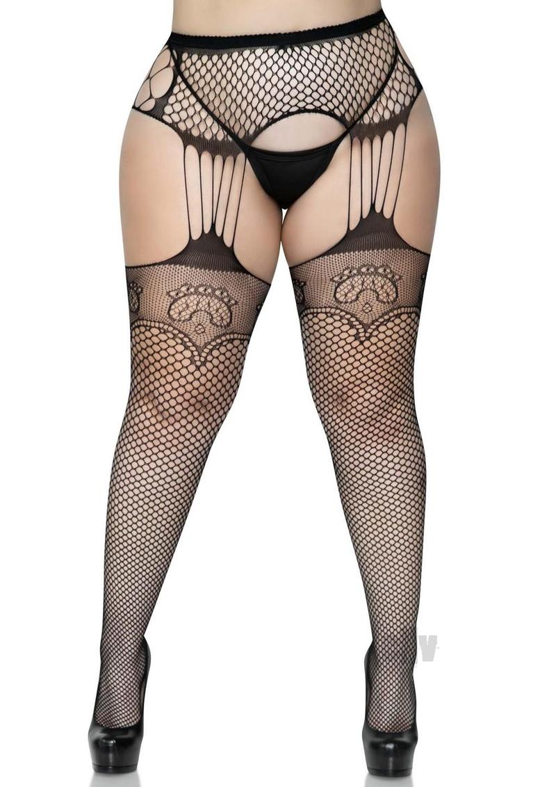 Industrial Net Stockings With Duchess Lace Top and Attached Multi Strand Garter Belt - 1x/2x - Black