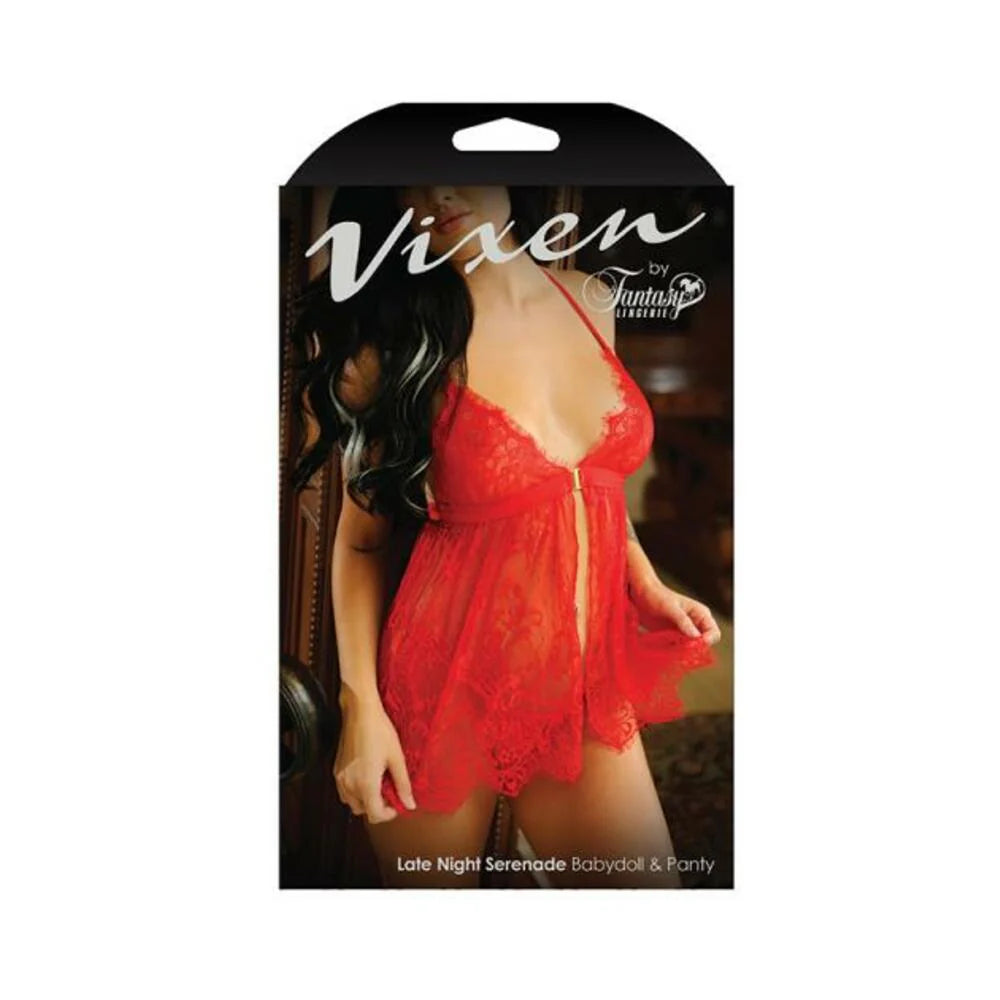 Vixen Late Night Serenade Front Clasp Lace Babydoll & Crotchless G-string Panty Red L/xl