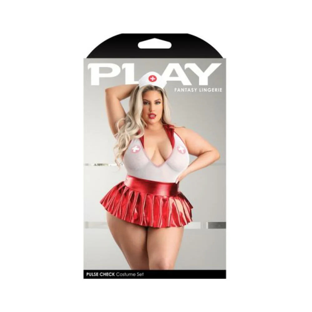 Fantasy Lingerie Play Pulse Check Collared Teddy With Open Back, Pleated Skirt, Medic Hat & 1 Pair O