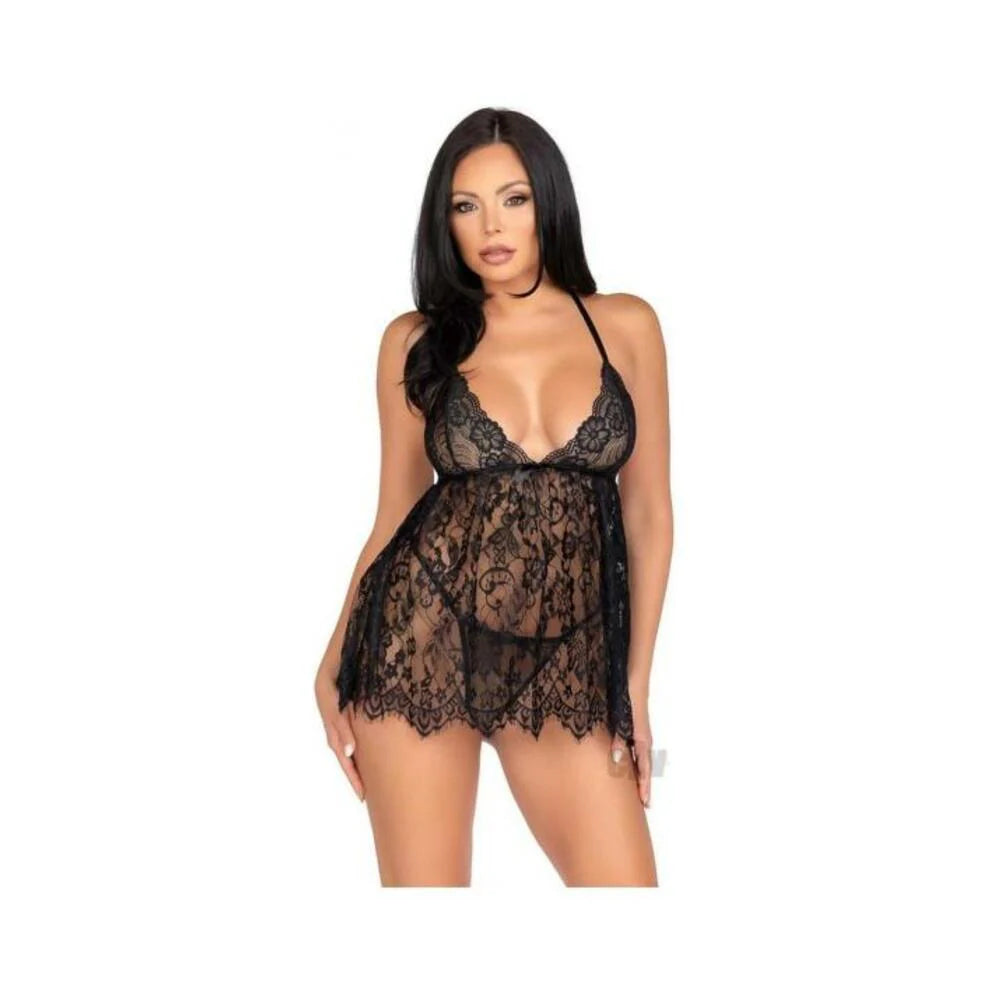 Floral Babydoll Eyelash Gstring Sm Blk