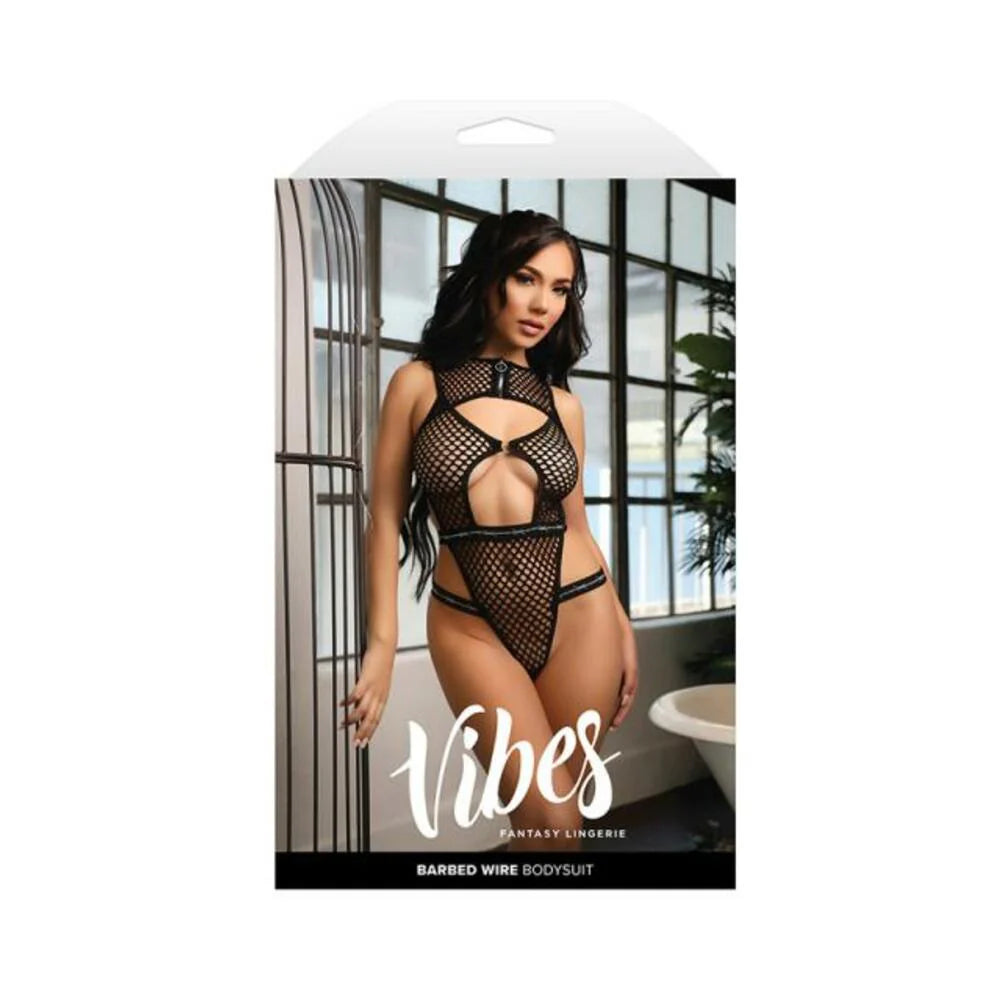 Fantasy Lingerie Vibes Barbed Wire Fishnet Zippered Bodysuit L/xl