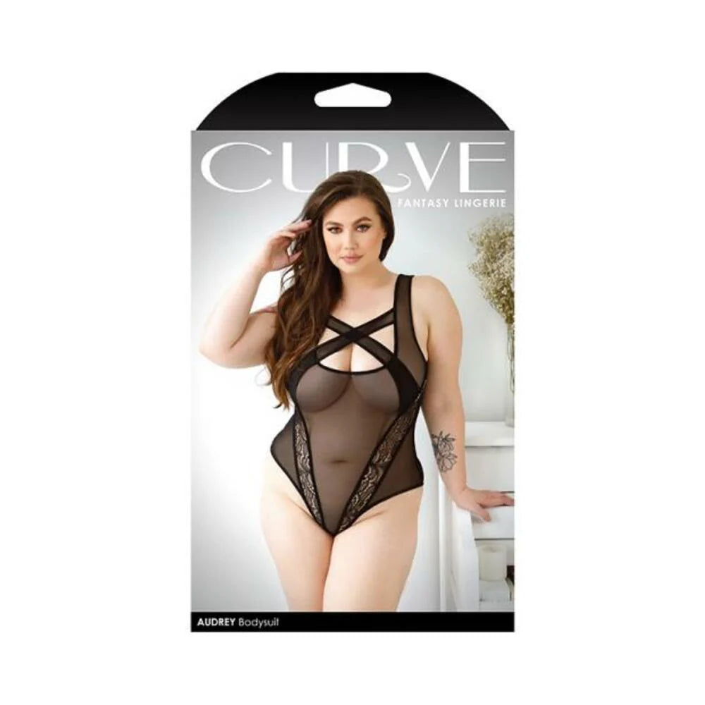 Curve Audrey Criss-cross Mesh Bodysuit With Lace Panel Detail And Snap Closure 1x/2x Black