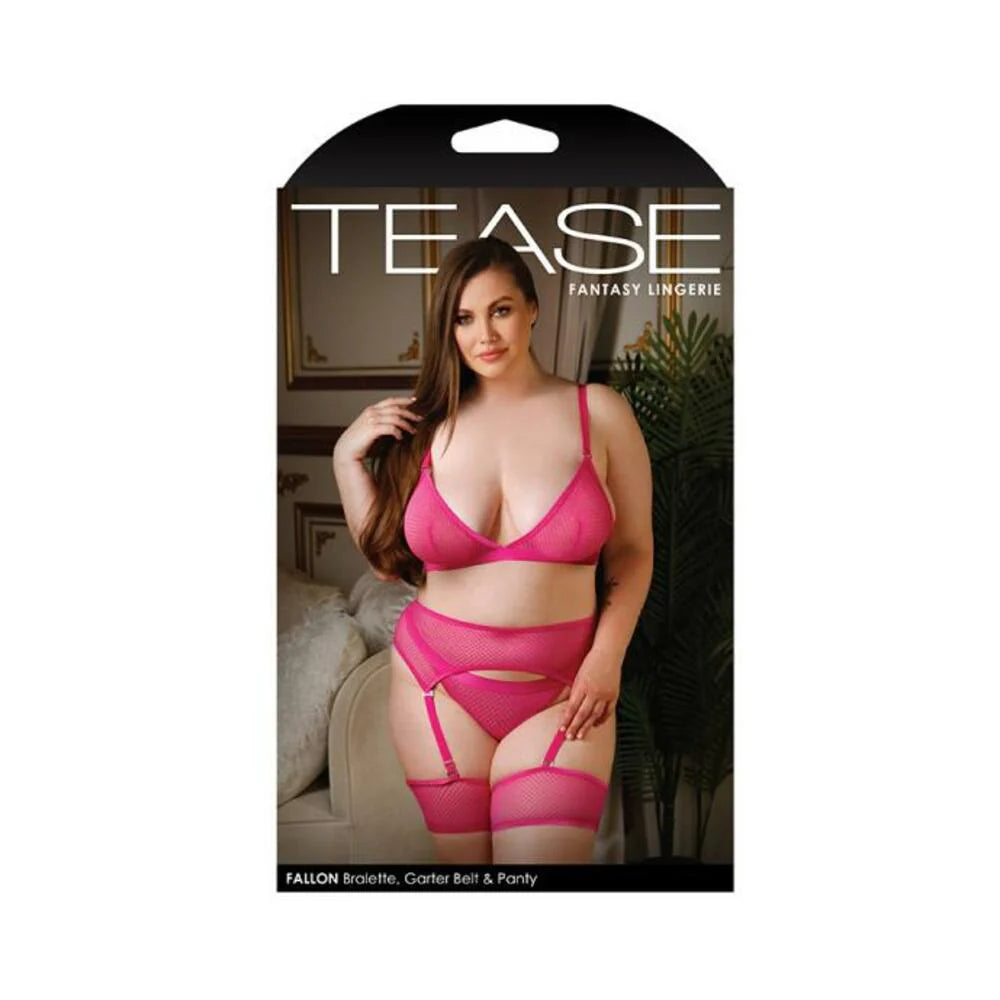 Tease Fallon Bralette, Garter Belt With Leg Garters & Panty Set Pnk 3x/4x