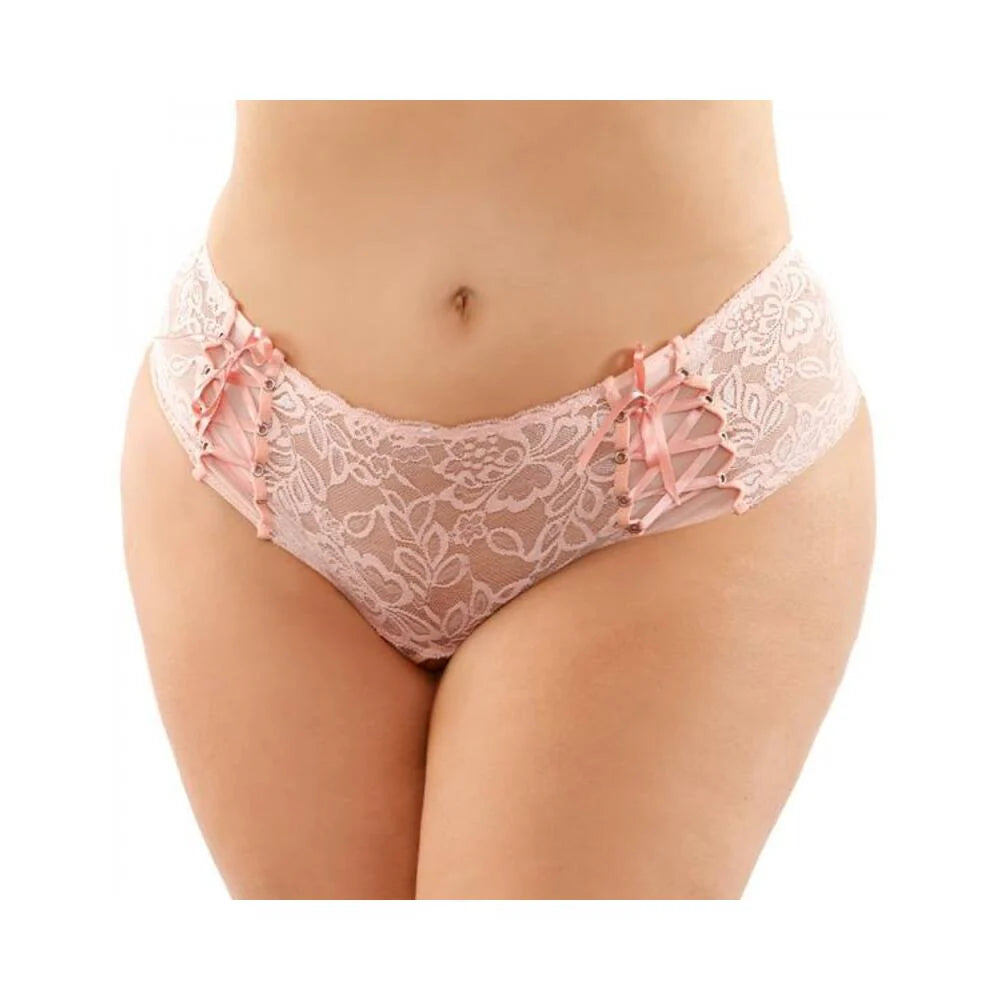 Magnolia Crotchless Lace Boyshort With Lace-up Panel Details Light Pink Queen
