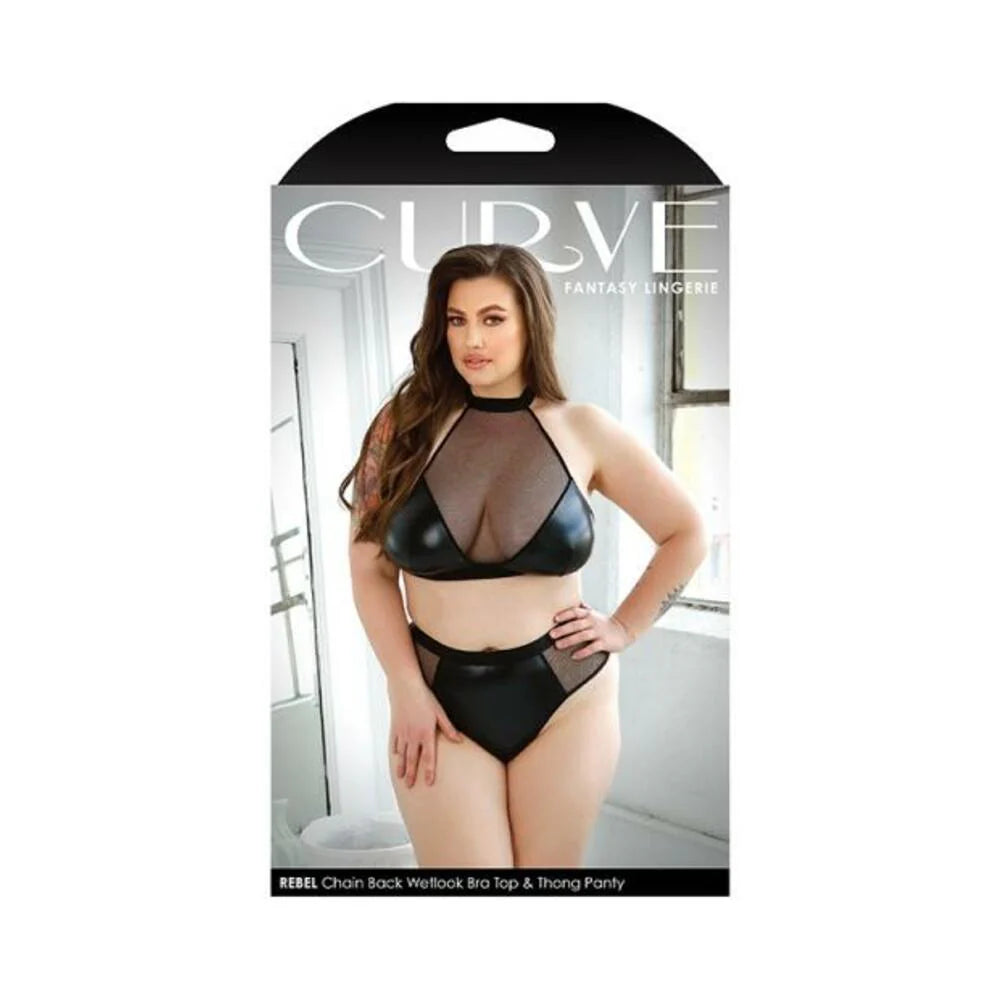 Curve Rebel Chain Back Wetlook Bra Top & Matching Thong Panty 3x/4x Black