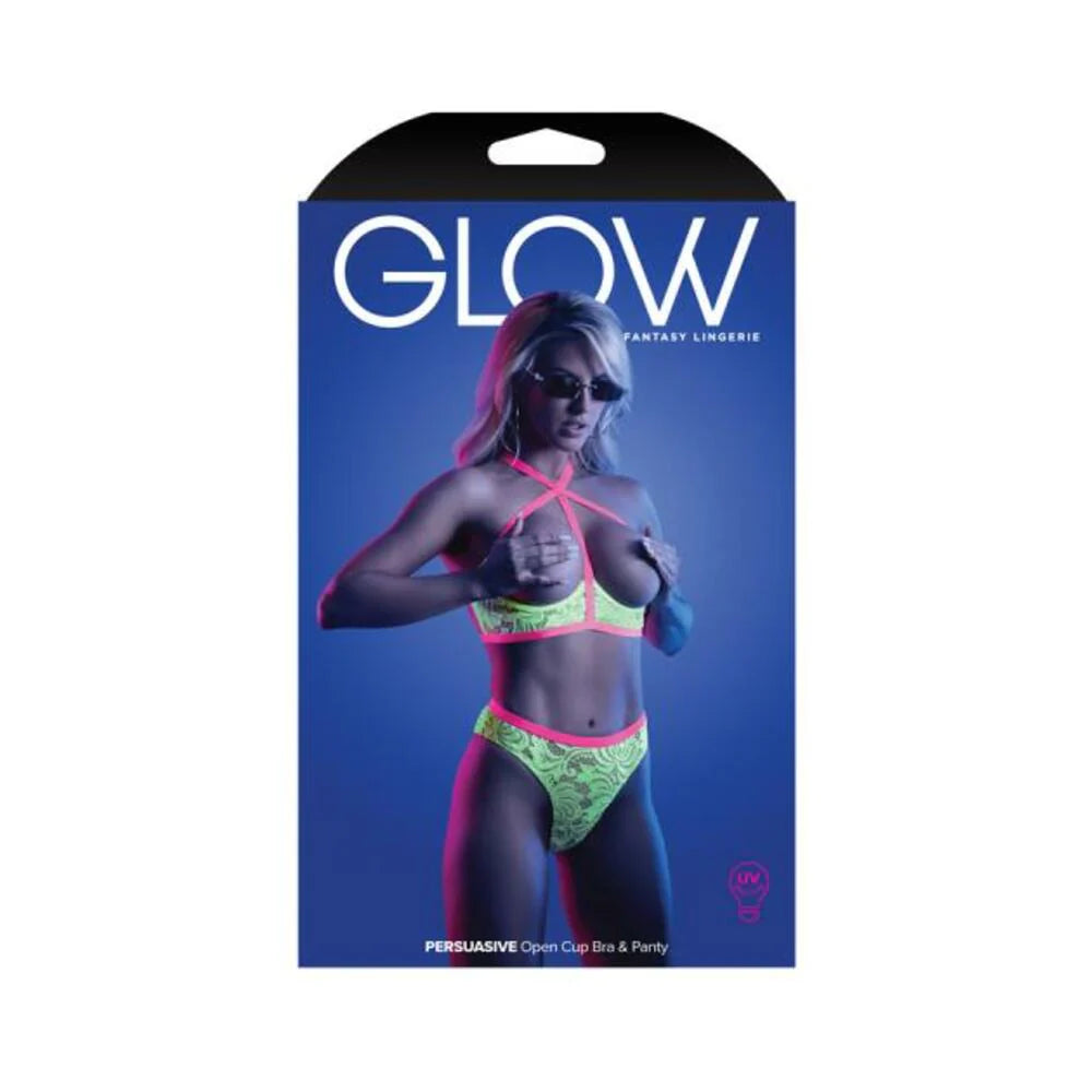 Fantasy Lingerie Glow Persuasive Contrast Elastic Open Cup Lace Cage Bra & Panty Neon Green L/xl