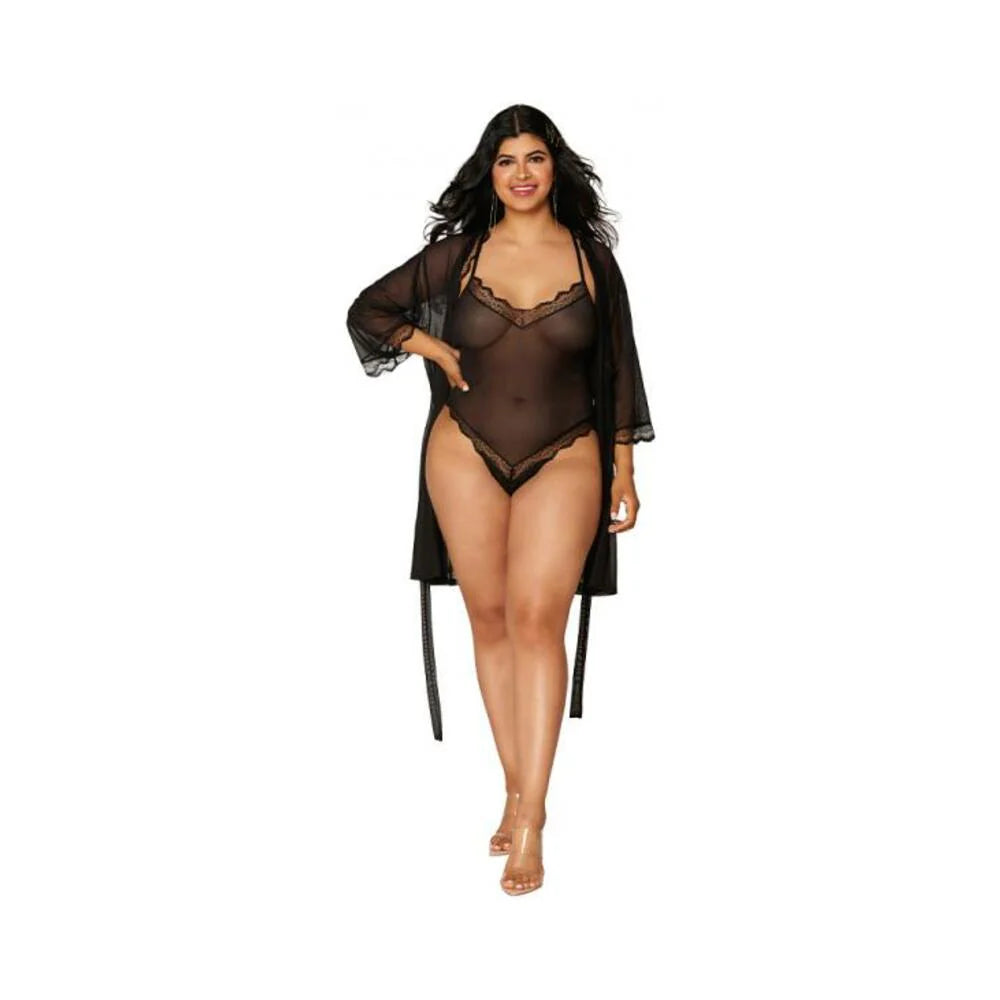 Dreamgirl Mesh Robe & Strappy Back Teddy With Lace Trim Black 3xl Hanging