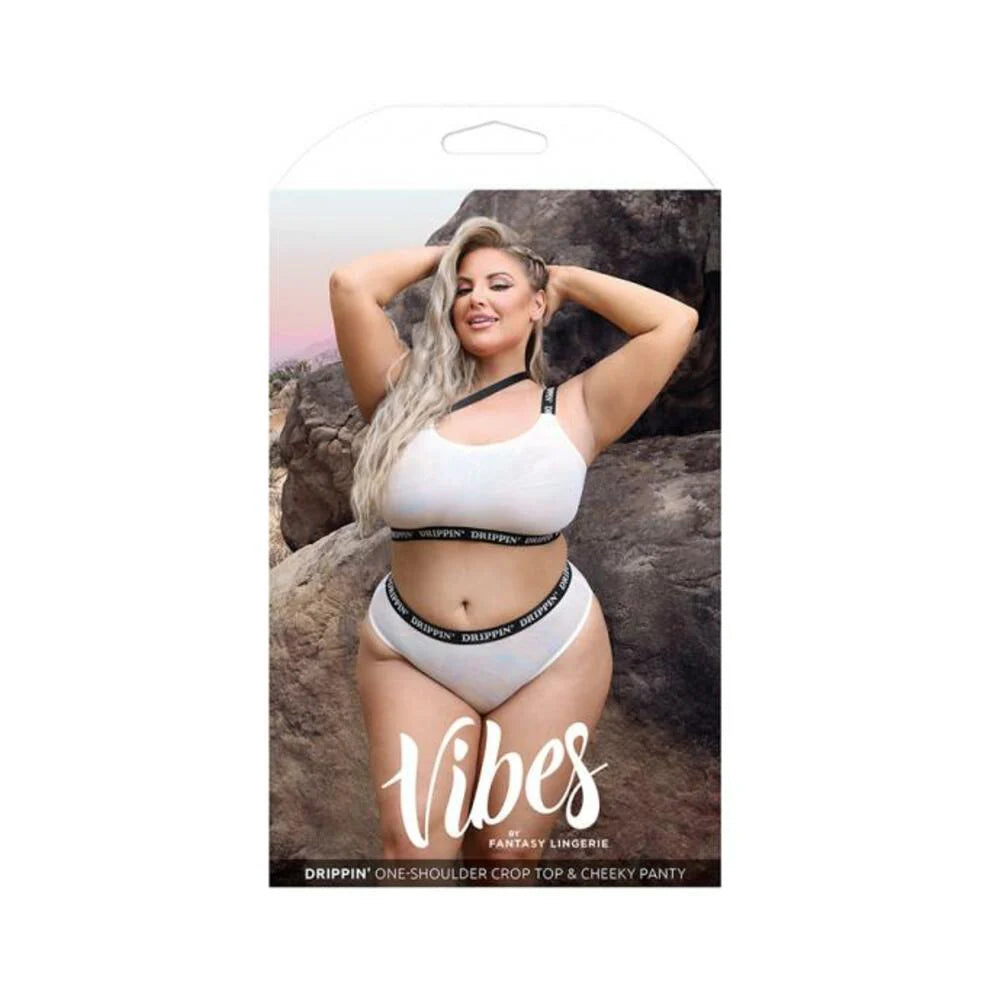 Fantasy Lingerie Vibes Drippin' Iridescent Strappy One-shoulder Top & Cheeky Panty Pearl White Queen