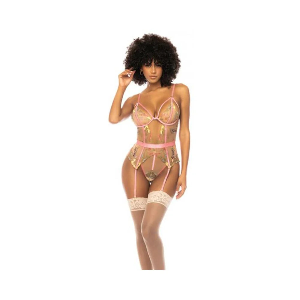 Floral Embroidered Teddy W/underwire Cup & Garters Pink Small