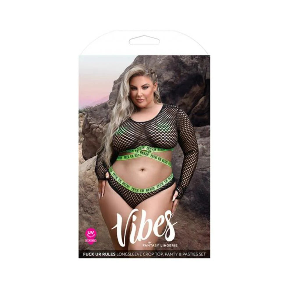 Fantasy Lingerie Vibes Fuck Ur Rules Long Sleeve Fishnet Top & Panty With Uv Reactive Elastic And 1