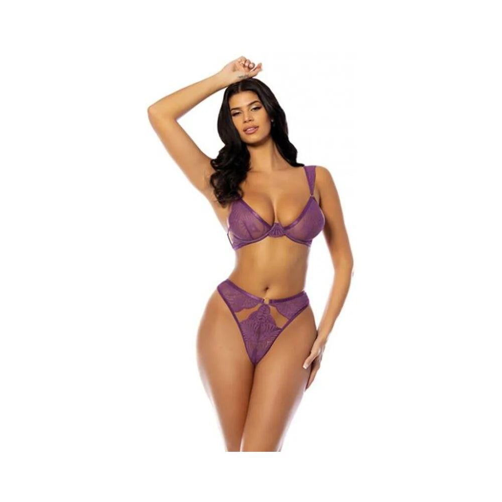 Evrice Lace And Mesh Underwire Bra W/thong - Purple S/m