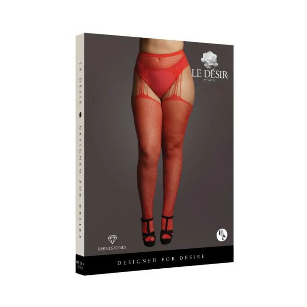 Shots Le Desir Suspender Rhinestone Pantyhose Red Qs