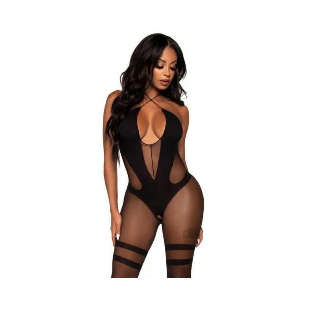 Opaque Sheer Halter Bodystocking Os Blk
