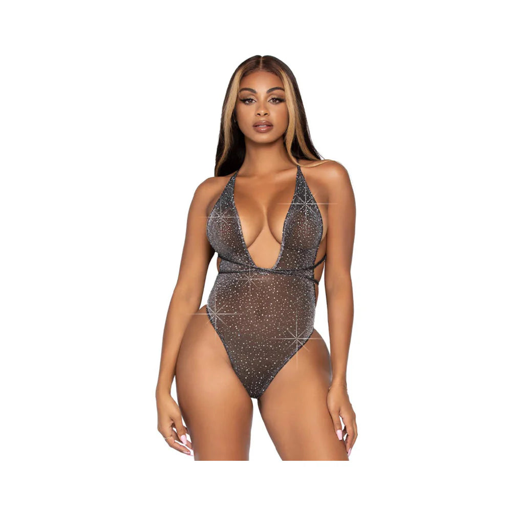 Shimmer Sheer Lunex Rhinestone Teddy, Thong Wrap Around Straps Black Os