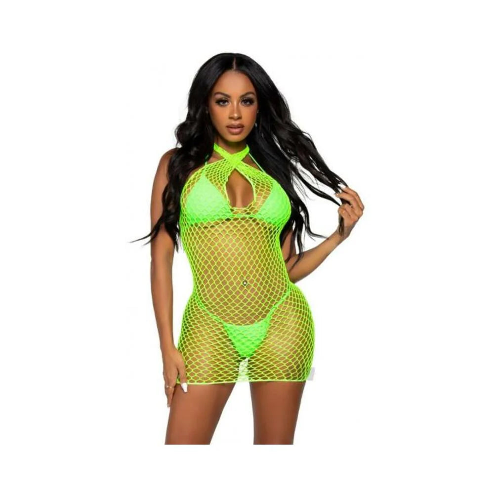 Woven Net Twist Halter Mini Dress Os Grn