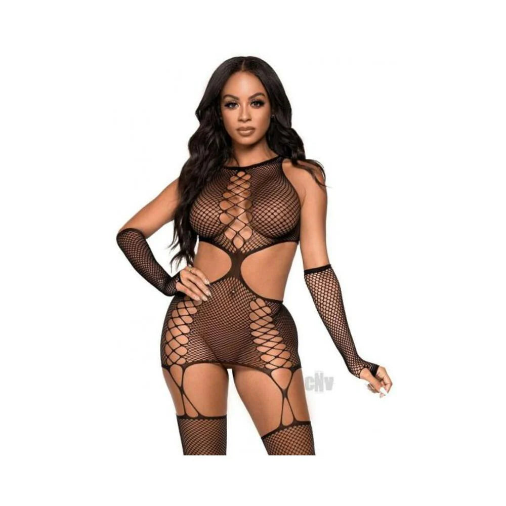 Net Cut Out Garter Dress 2pc Set Os Blk