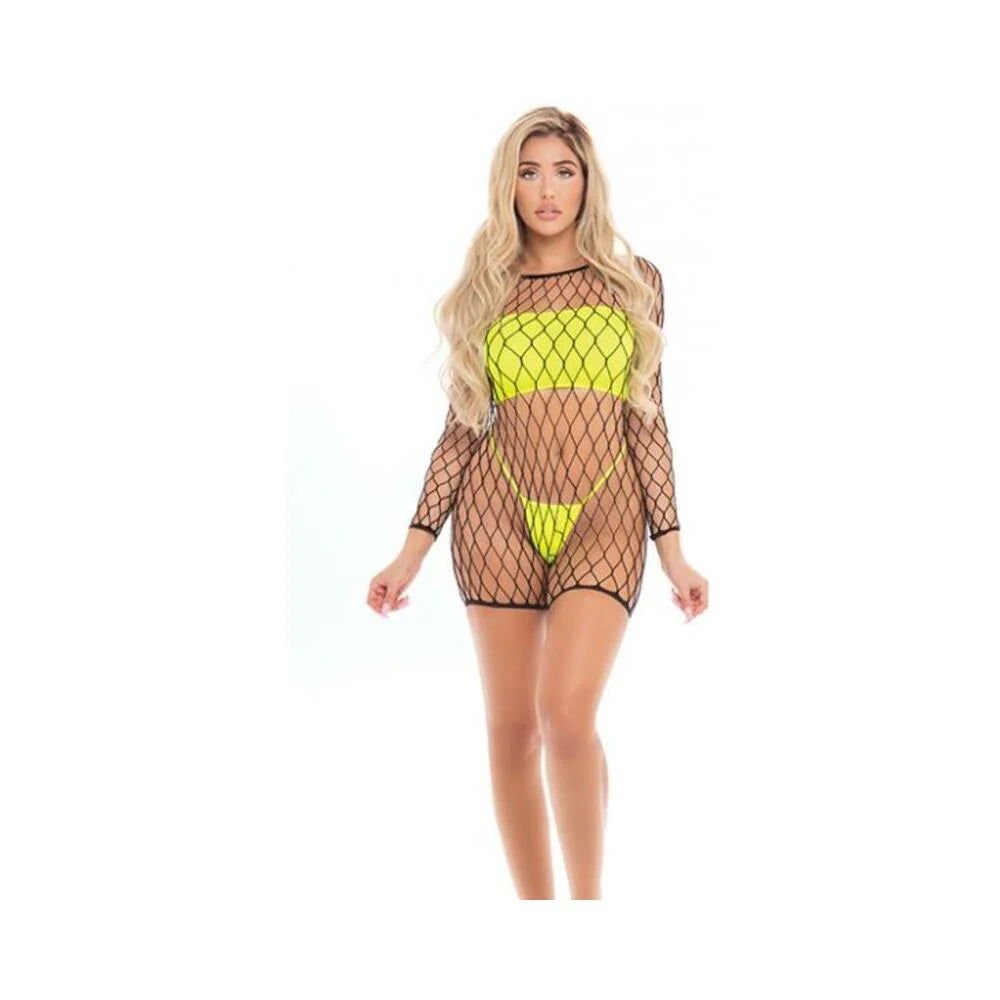 Pink Lipstick Dance With Me Large Fishnet Romper, Bandeau Top & G-string Neon Yellow  O/s