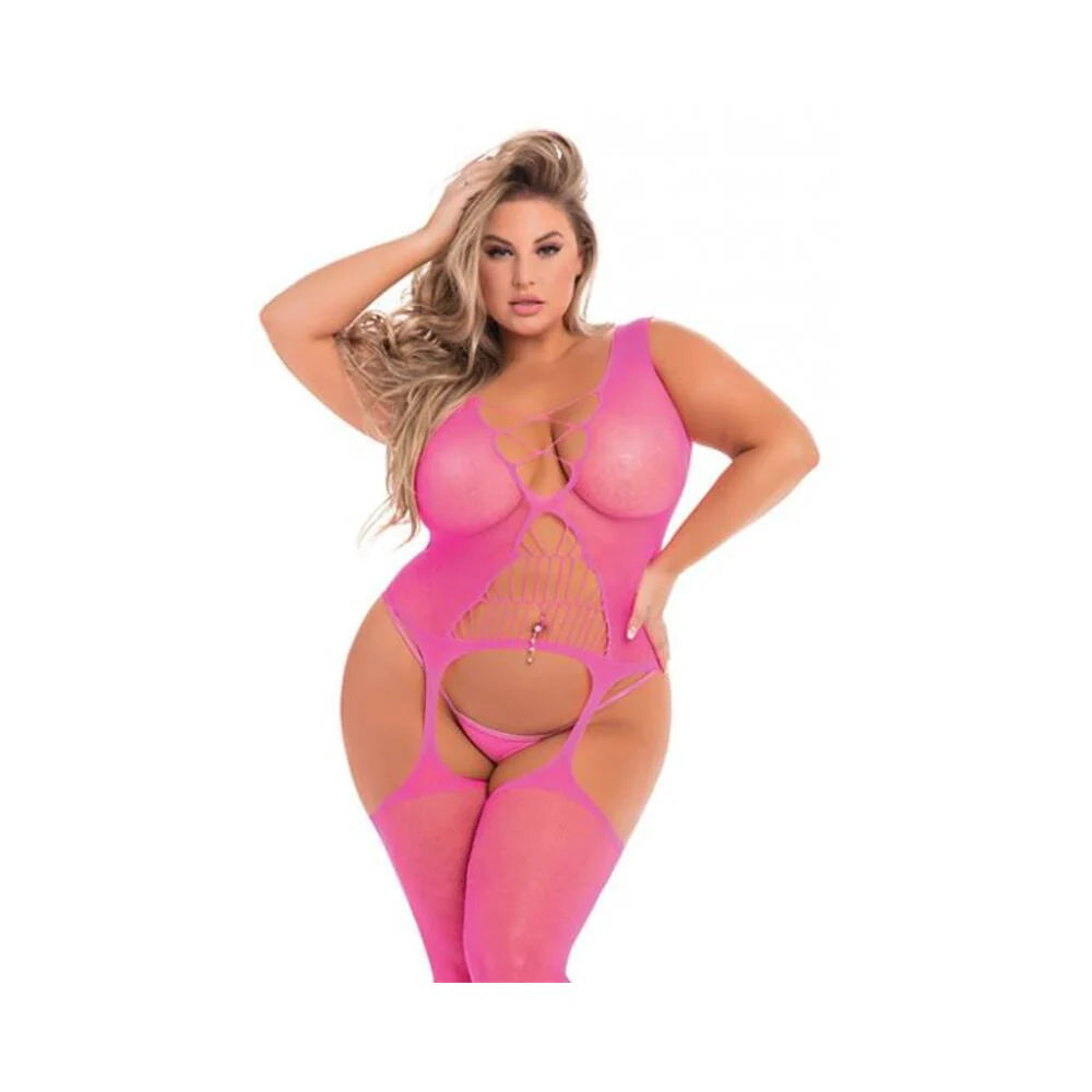 Pink Lipstick Flight Risk Sheer Bodystocking Pink 1x-3x