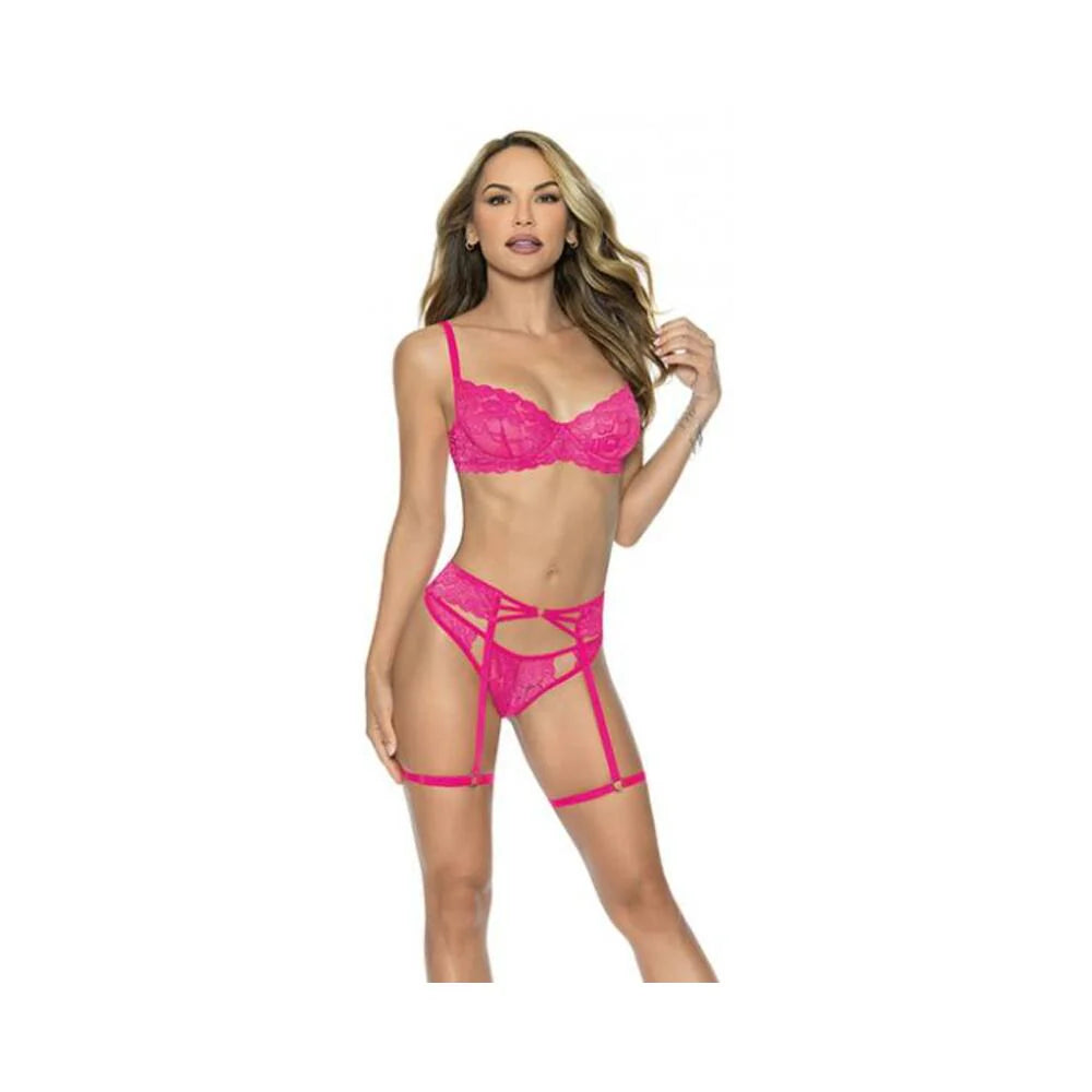 Underwire Lace Bra, Garterbelt & G-string Pink Medium
