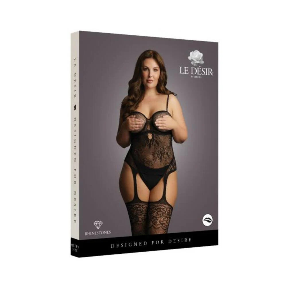 Shots Le Desir Suspender Rhinestone Bodystocking Black Qs