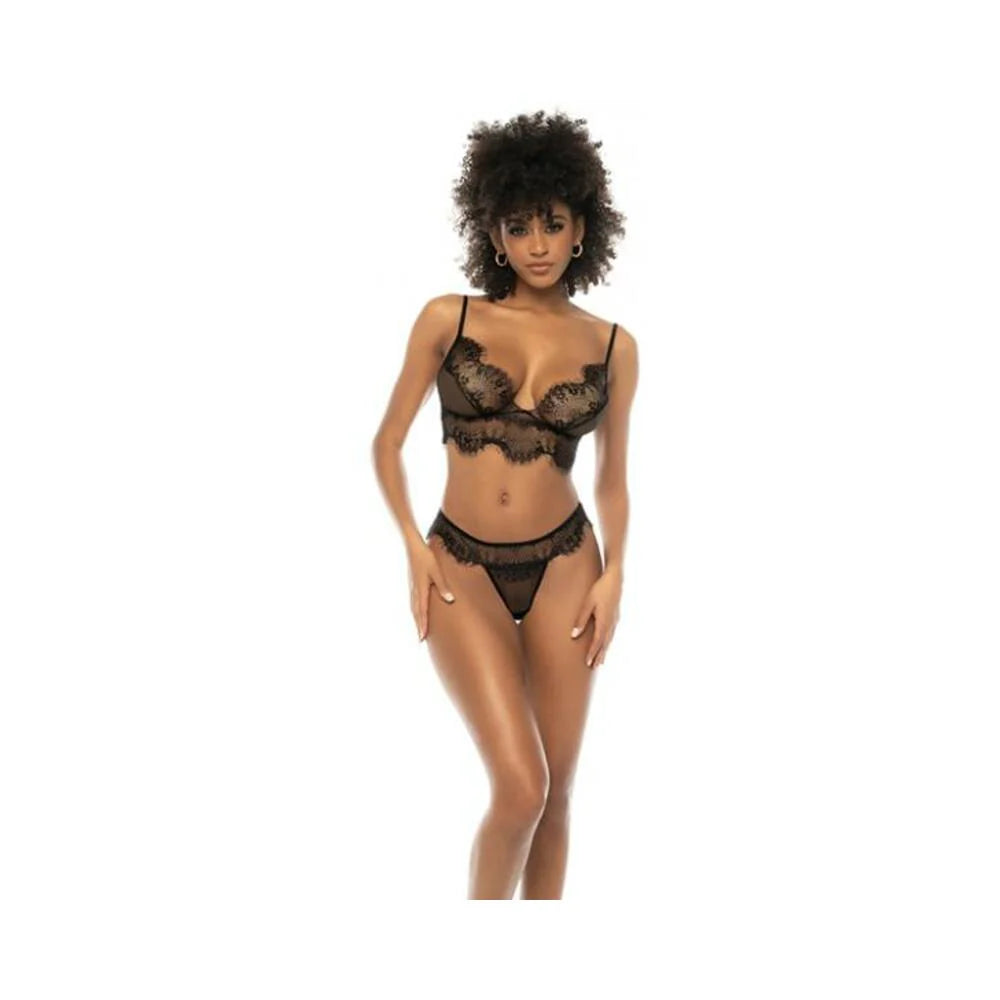 Lace Bralette & Thong Panty W/lace Up Back Black S/m