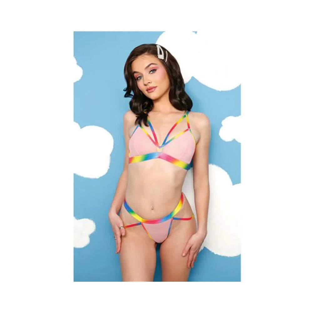 Vibes Make It Rain Caged Bralette & Panty W/booty Rainbow L/xl