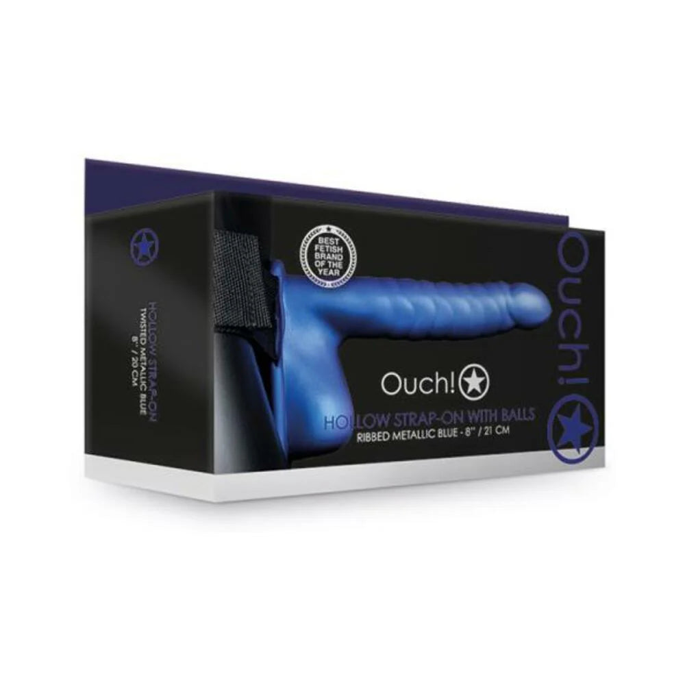 Ouch! Ribbed Hollow Strap-on With Balls 8 In. Metallic Blue